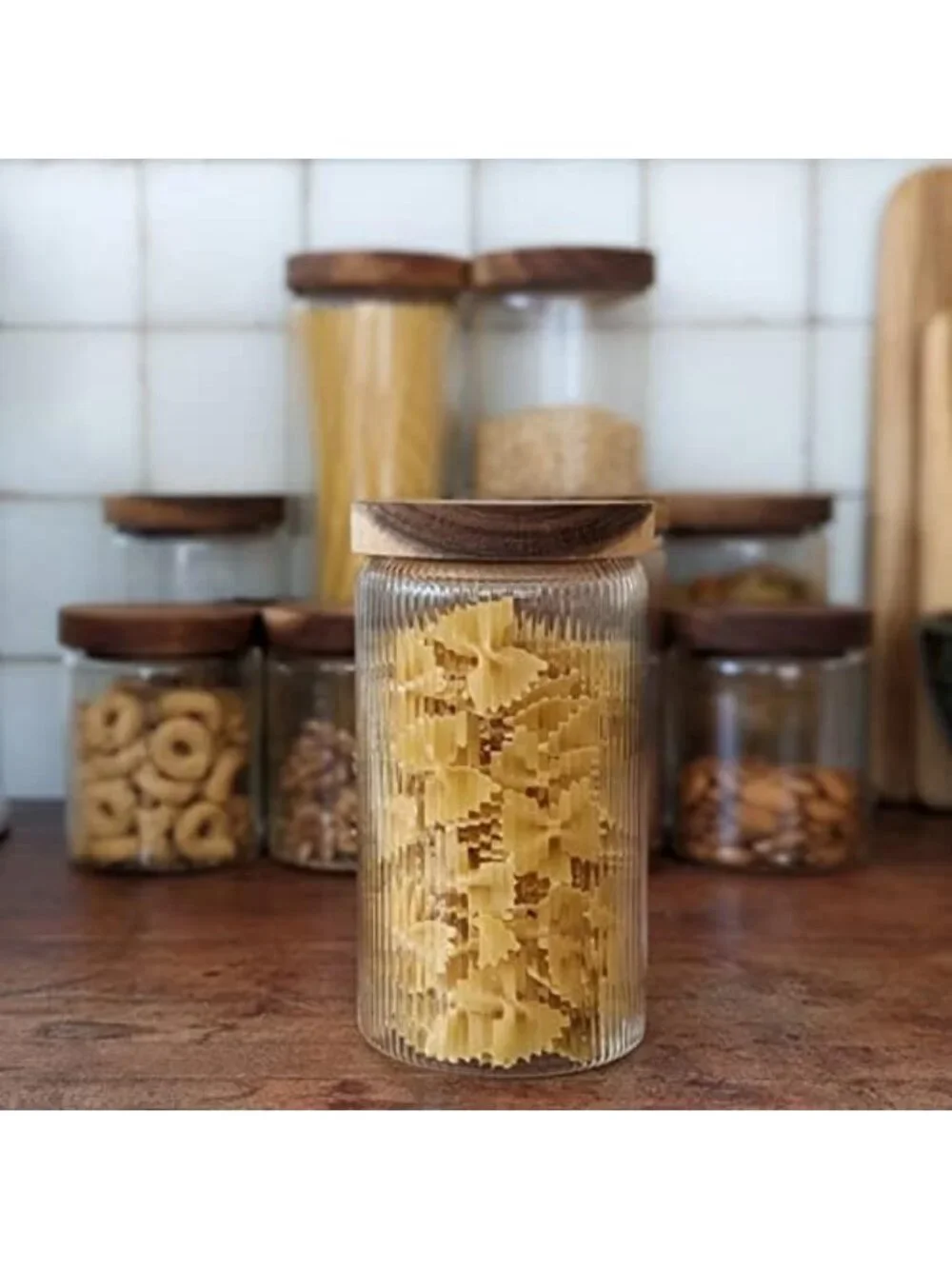 Ribbed Glass Storage Jars with Wooden Lids - Set of 3, Airtight Canisters for